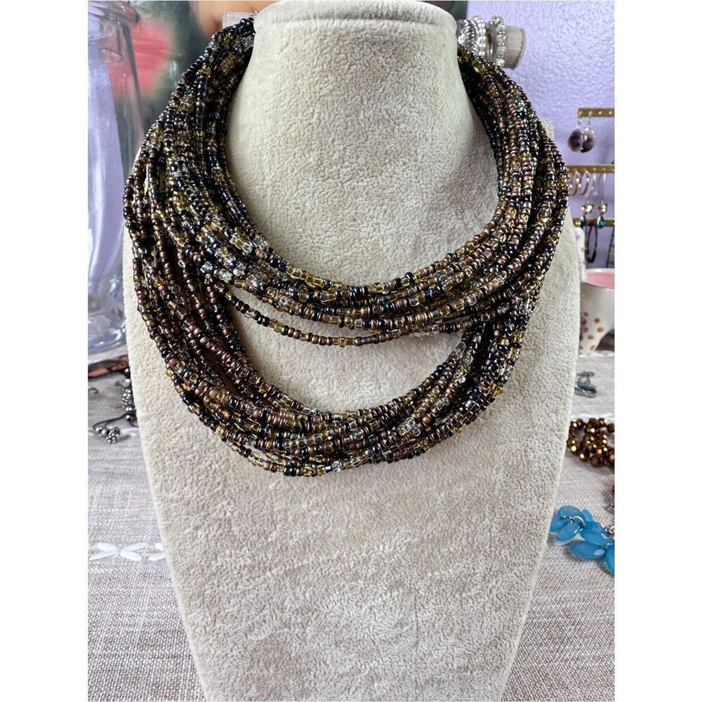 Multi-Strand Seed Bead Necklace in Black and Gold